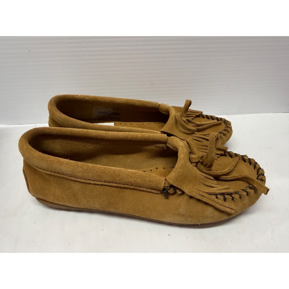 Minnetonka Kilty Slip on Suede Moccasin Taupe Hardsole BROWN  Women's Size 5 NEW